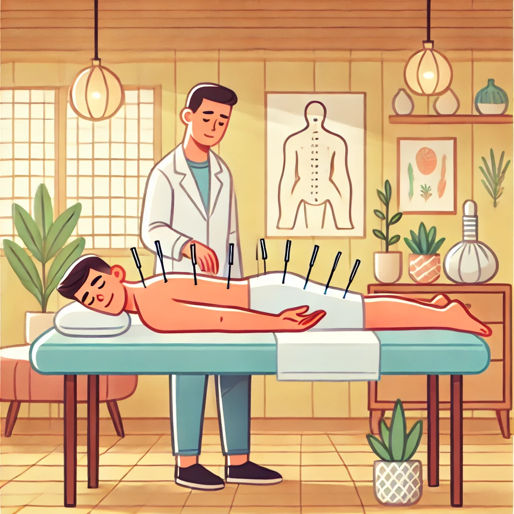 Cartoon of man getting acupuncture treatment