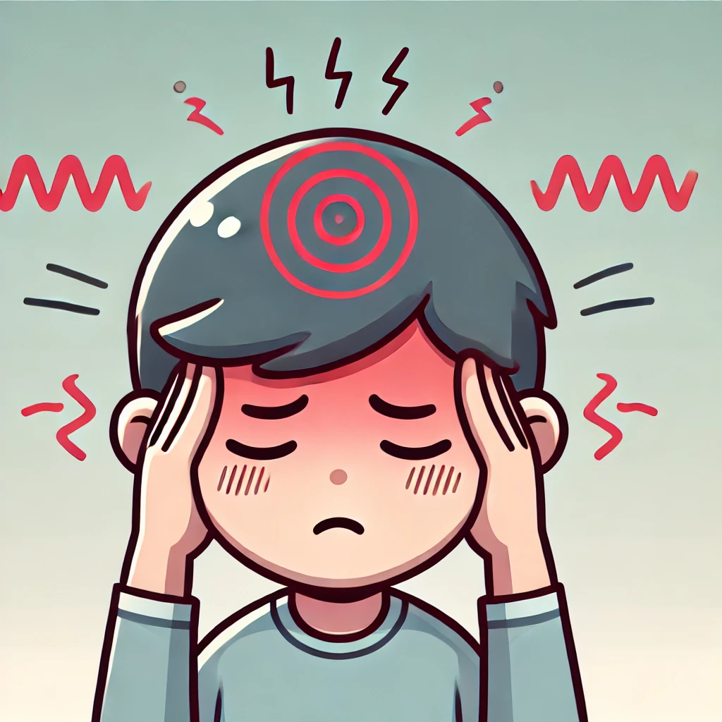 Cartoon boy with a headache holding his temples