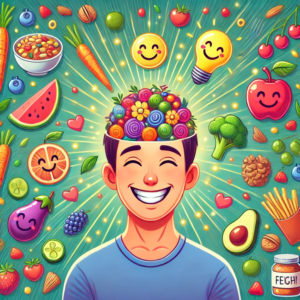 Man with vegetables for brains cartoon